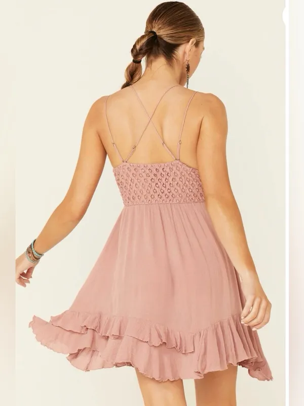 NWT Free People Adella Slip Lace short Dress Plunging Neckline Pink Rose ~ Small - Image 4