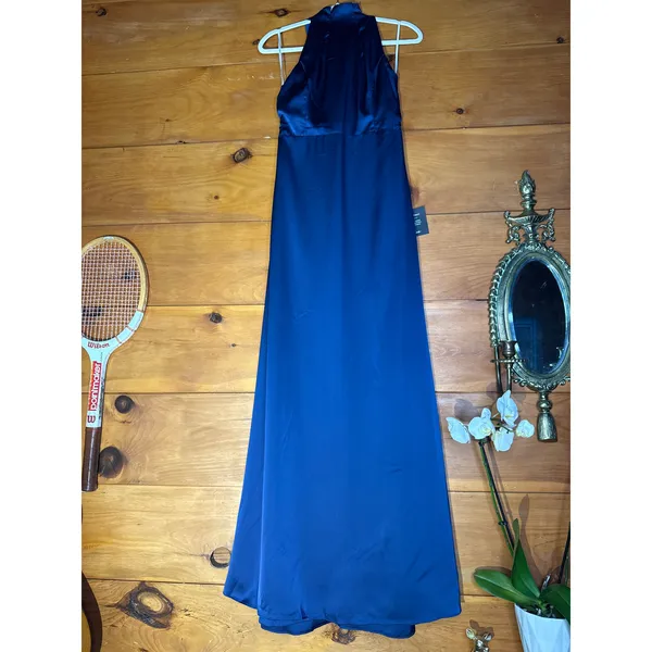 NWT Lulus Regal Loveliness Blue Satin Pleated Mock Neck Maxi Dress Bridesmaid XS - Image 2