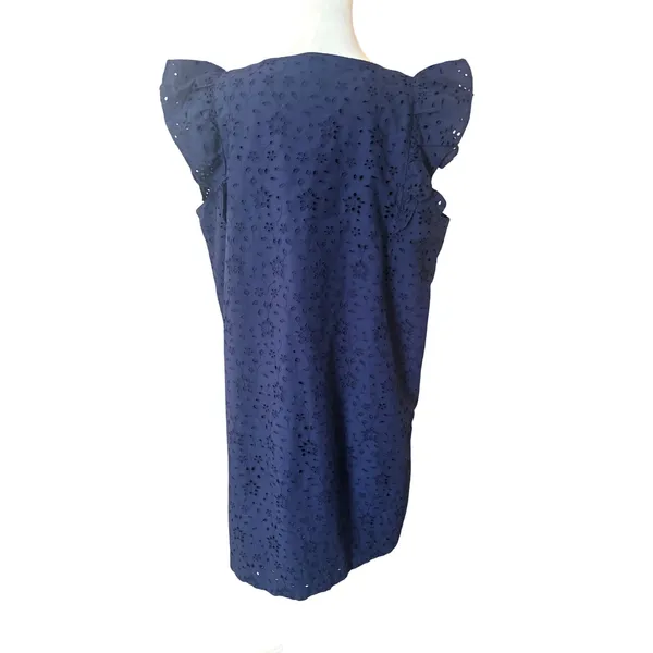 J.Crew Eyelet Shift Dress‎ Womens Size 16 Navy Blue Excellent Ruffle Tie-Neck - Image 3