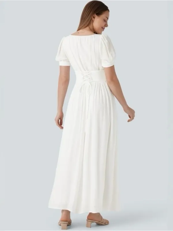 Halara White Square Neck Puff Sleeve Lace Up Cinch Waist Flowy Maxi Dress - Image 3