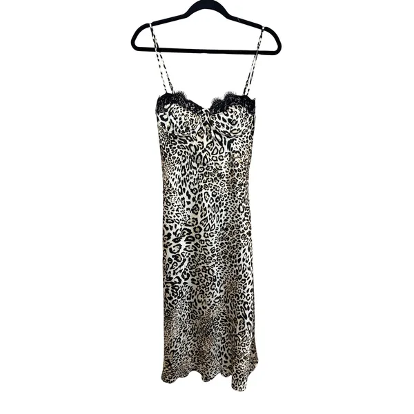 ASTR NWT The Label Leopard Print Lace Trim Midi Slip Dress Satin Size Medium - Image 2