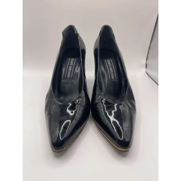Stuart Weitzman Women's Patent Leather Pumps Shoes Black And Gold Size 7 Bin E‎ - Image 2