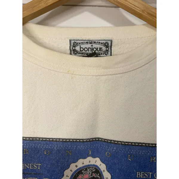Vintage Bonjour Basic Label Pullover Sweatshirt Cream Graphic Made in USA L - Image 5