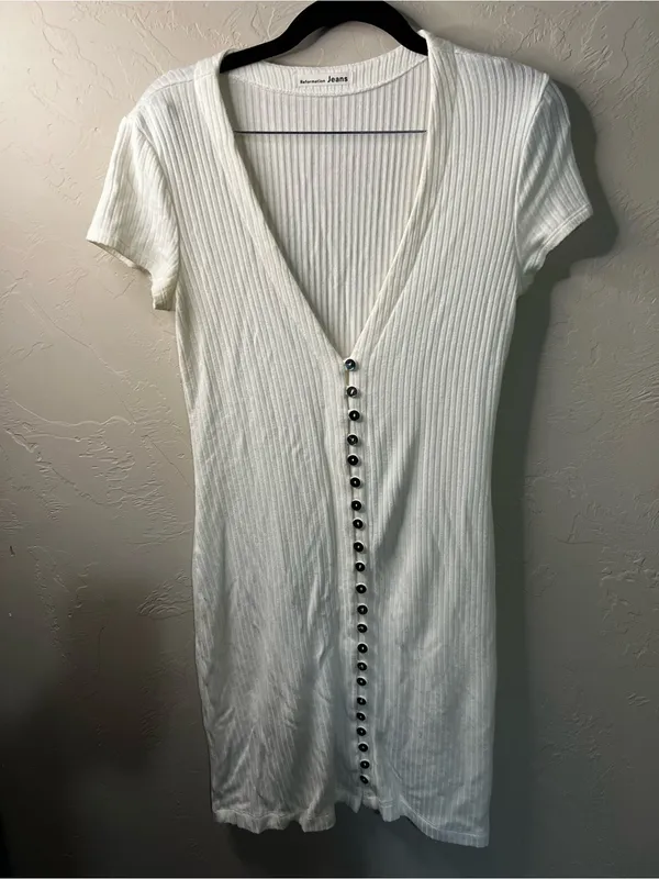 Reformation Ryder Ribbed Cream Mother of Pearl Button Front Mini Dress - Image 2