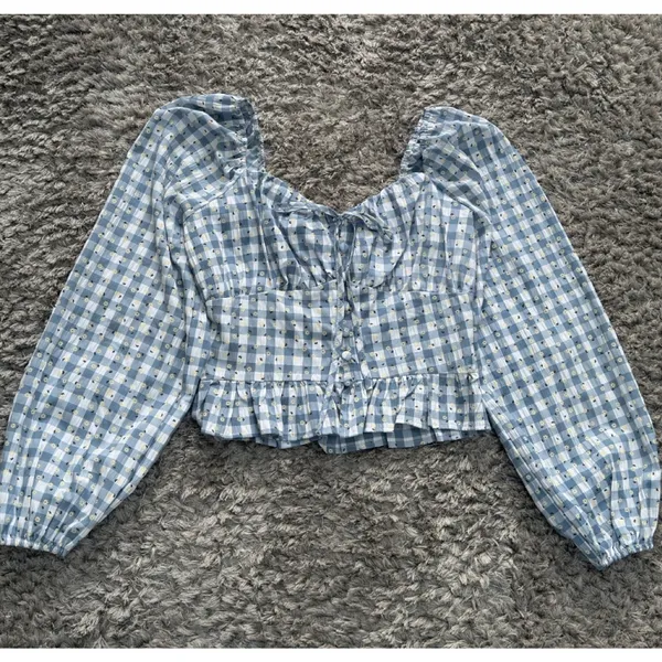 Rose & Grey Women’s M Gingham Peasant Crop Top Long Sleeve Cottagecore Floral - Image 3