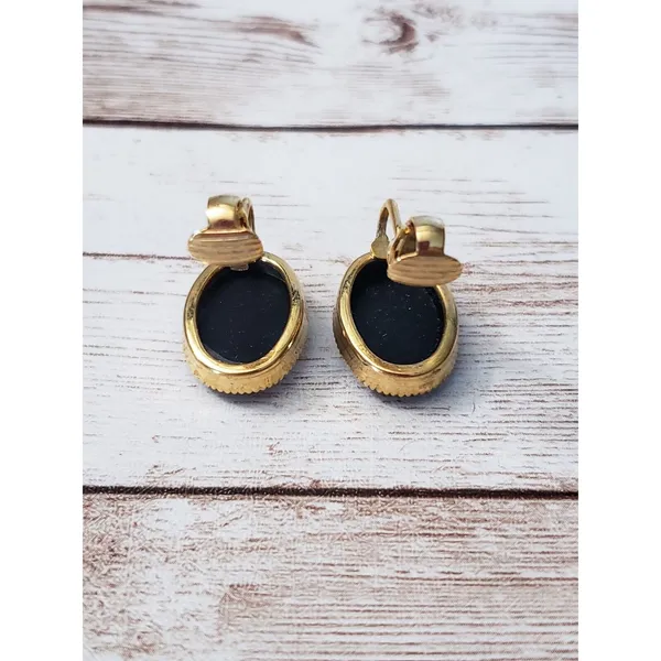 Vintage Clip On Earrings - Black Gem Oval Shape 0.75" - Image 4