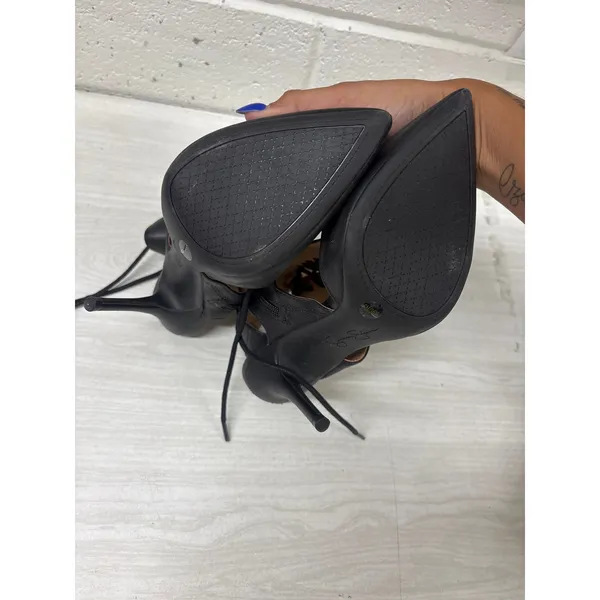 Jessica Simpson 6 Black Faux Leather Lace Up Cut Out Stiletto Heel Bootie Pumps - Image 4