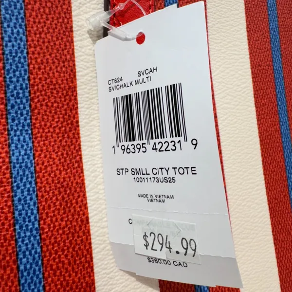 NWT Coach CT824 Small City Tote With Stripe Print Canvas Leather Chalk/Red Multi - Image 4