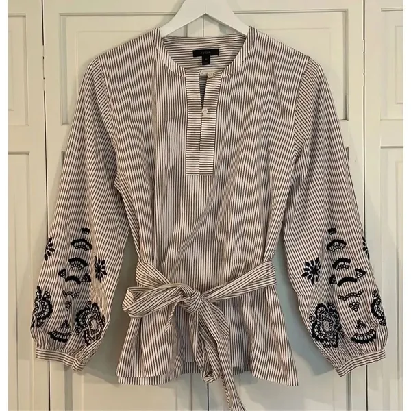 J.Crew striped embroidered tie front blouse size M - Image 4