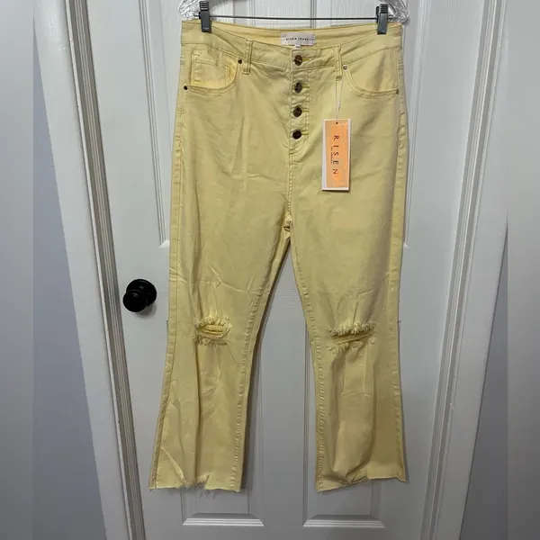 RISEN: PALE YELLOW‎ High Rise button fly distressed Ankle Straight Pant 32! - Image 3