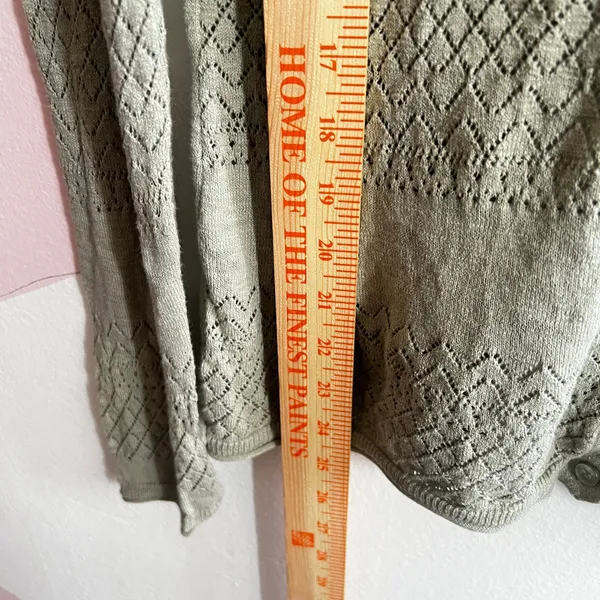 Frye Green Knit Pointelle Cardigan‎ Open Front Soft Classic Minimalist Medium - Image 5