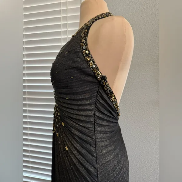 Sue‎ Wong Nocturne Halter Pleated Beaded Gown Size 8 Travilla Style Black & Gold - Image 4