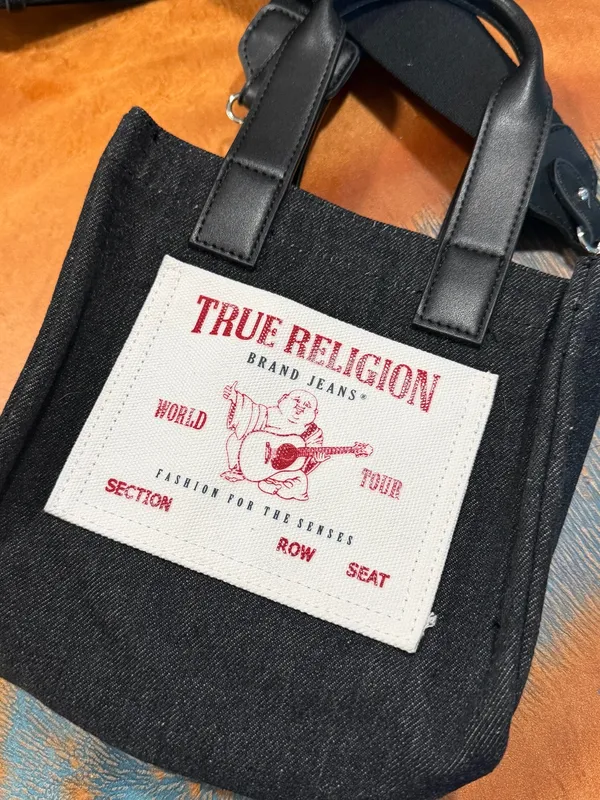 True Religion Black Gray Canvas Messenger Bag Logo Buddha Patch adjustable strap - Image 2