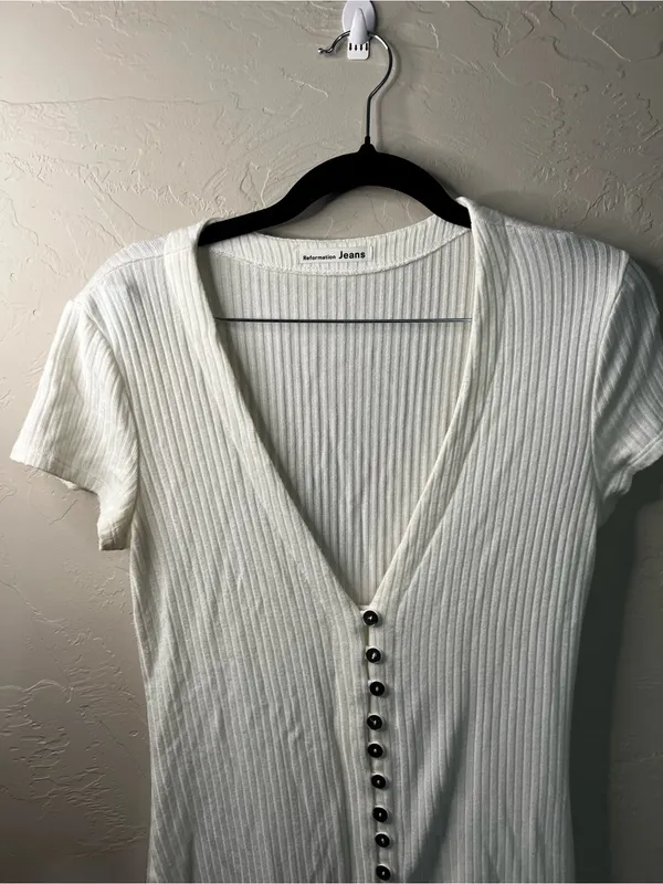 Reformation Ryder Ribbed Cream Mother of Pearl Button Front Mini Dress - Image 3