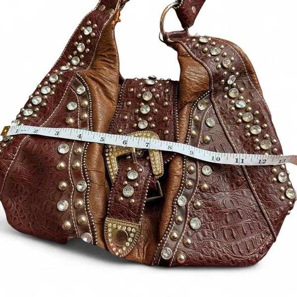 Y2K 2000s Western Cowgirl Mcbling Bimbo Goth Rhinestone Large Buckle Hand Shoulder Hobo Bag Purse Preppy bedazzled silver studs brown #whimsygoth #grunge #punk #stagecoach #streetwear festival Measurement in pics Some distressing as pictured - Image 5
