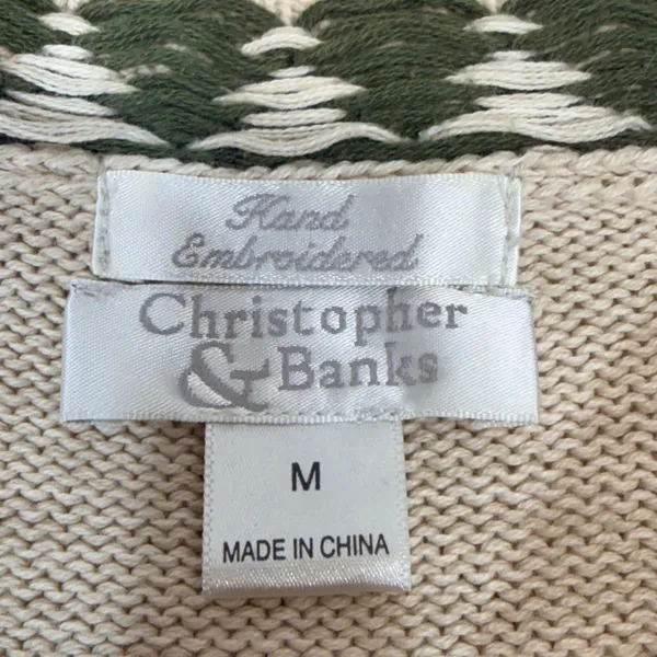 Christopher & Banks Sweater Medium Tan Santa Hand Embroidered‎ Christmas Holiday - Image 5
