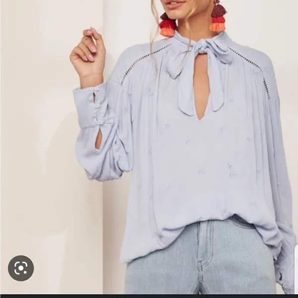 Free People Wishful Moments Pale Blue Gauzy Rayon Top With Self Tie M - Image 2