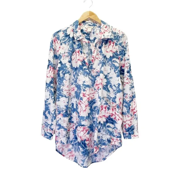 Sundance Top Watercolor Floral Cotton Tunic Pink Blue White Women's Size Medium - Image 2