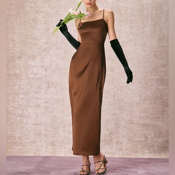 Rihoas Coffee Satin Slip Maxi Dress - Image 4