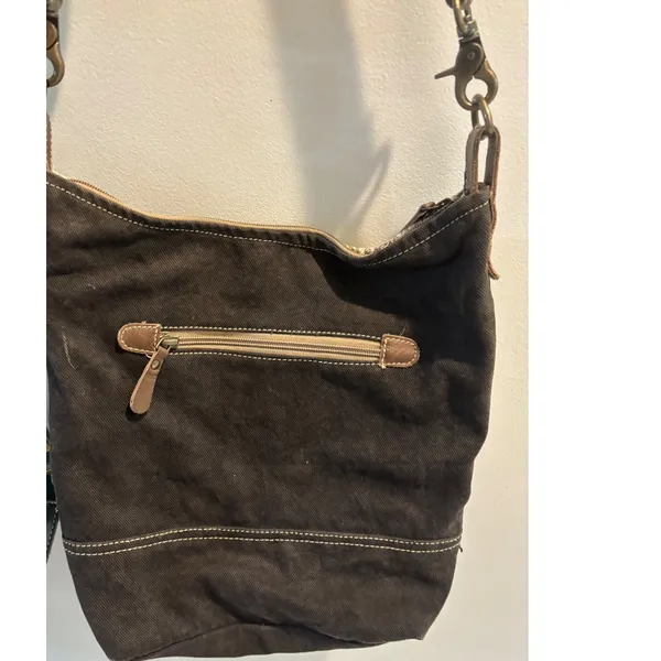 Myra Bag Canvas Leather Paisley Crossbody Shoulder Bag Boho Brown Gray - Image 6