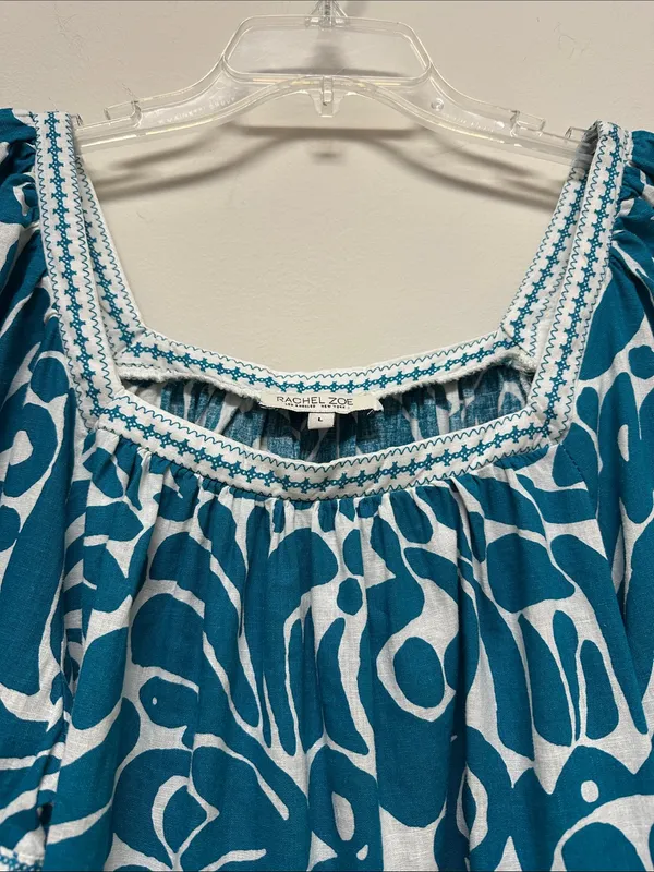 Rachel Zoe Teal Printed Peasant Linen Top with Lace Trim 3/4 Sleeves size L - Image 3