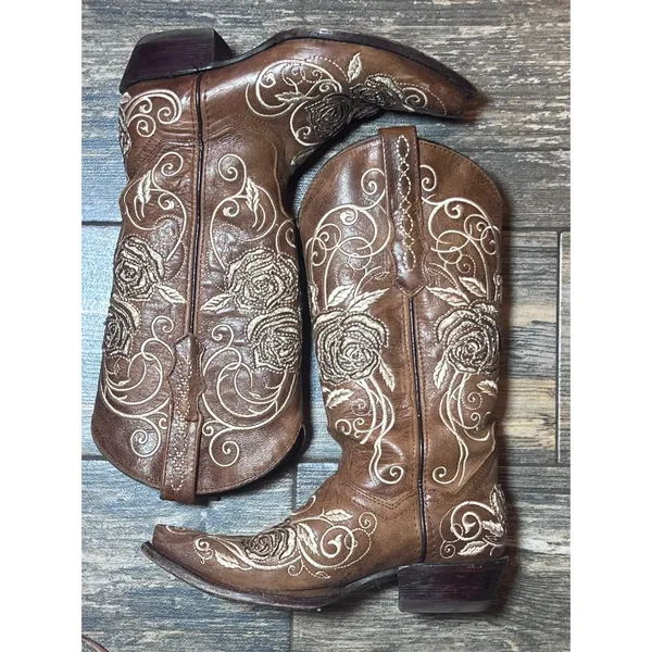 Wildflowers Bluebonnet Size 6 Brown Leather Rose Embroidered Cowboy Boots‎ Rodeo - Image 4