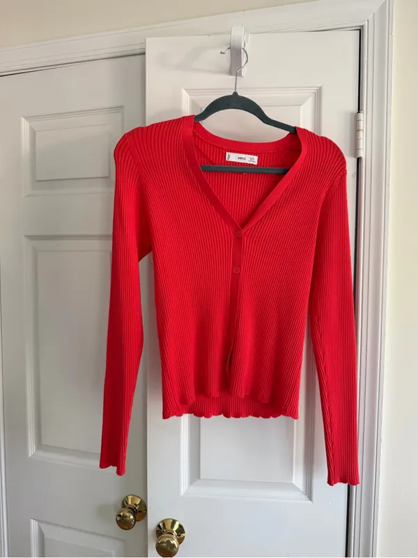 Mango Red Ribbed Fitted Button Front Cardigan Top M - Image 7