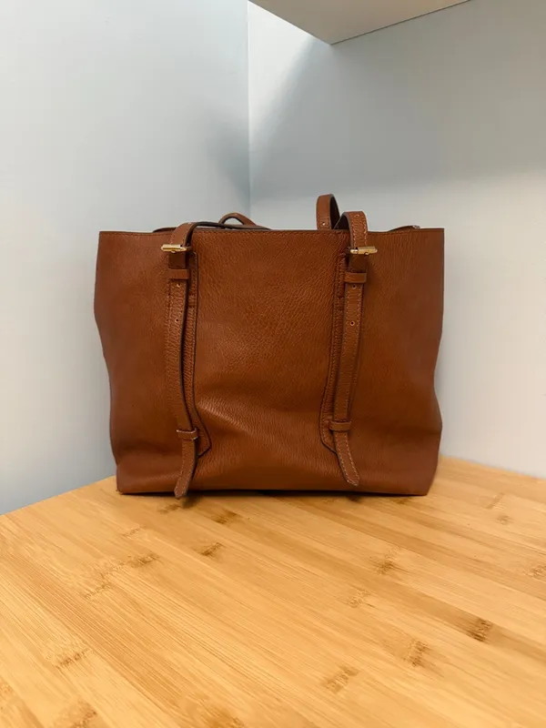 Sondra Roberts Squared Cognac Brown Tote with Gold Buckles Computer Bag or Purse - Image 2