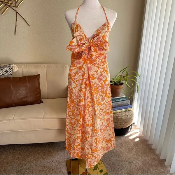 J. CREW Tie Front 100% Cotton Poplin Midi Loose Fit Dress in Orange Floral Small - Image 5