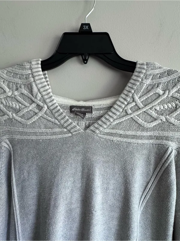 Eddie Bauer Women’s Light Gray V-Neck Pullover Hooded Sweater Size Large - Image 4