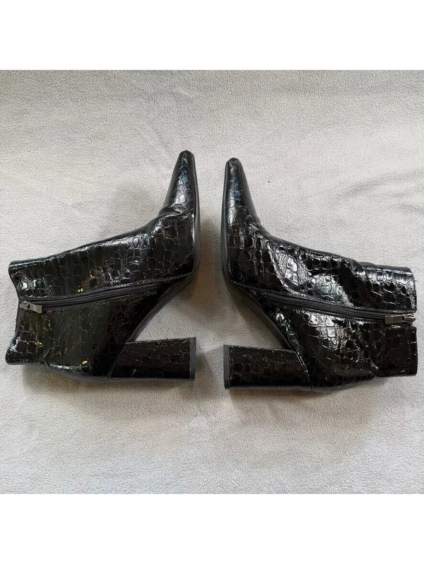 Black Faux Crocodile Embossed Pointed Toe Stiletto Ankle Boots Zip High Heel - Image 5