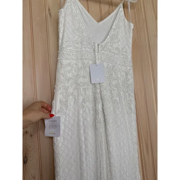 Lulus Cherished Vow White Beaded Backless Mermaid Dress Elegant Train Medium - Image 6