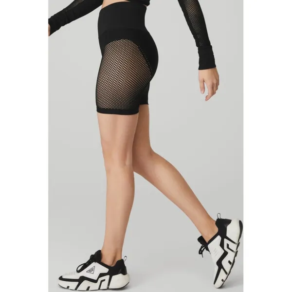 Alo Seamless High-Waist Limitless Open Air Shorts Black Edgy Sheer Mesh Cut-Outs - Image 3