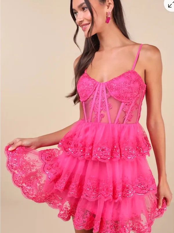NWT Lulus Exquisite Drama Hot Pink Embroidered Sequin Tiered Mini Dress Size Med - Image 2