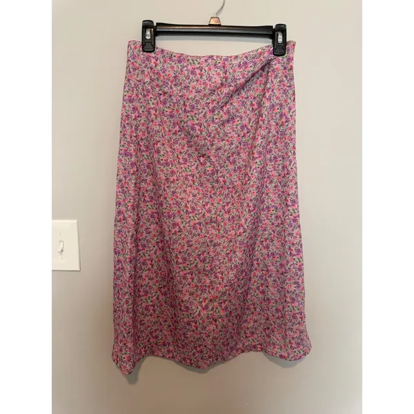 Purple Pink Floral Midi Skirt Side Slit High Waisted Size Medium Rose Print - Image 2