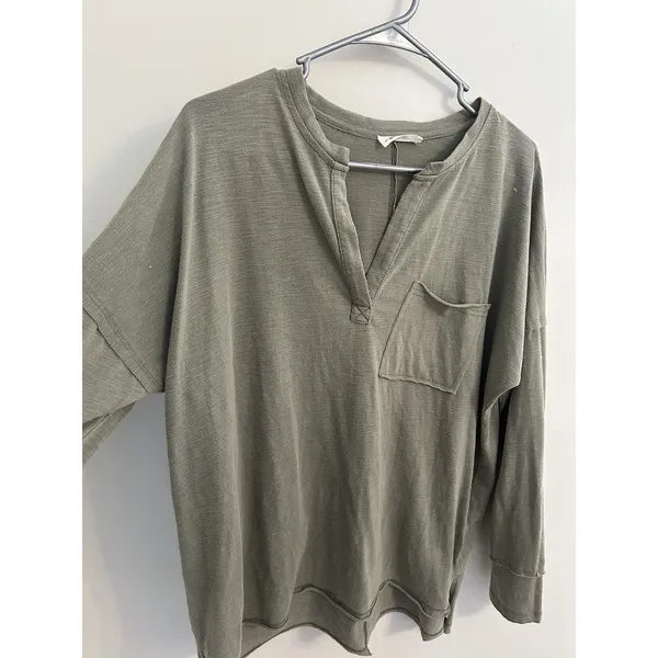 In Loom L Long Sleeve Loose V Neck Green Pocket Shirt casual boho Granola - Image 4