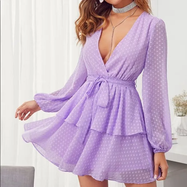 ✨HP✨Plunging Neck Double Layer Hem Swiss Dot Dress✨ - Image 6