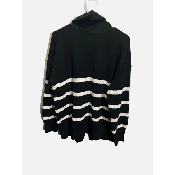 A‎ New Day Cardigan Women M Black Striped Shawl Collar Pockets Casual Nautical - Image 3