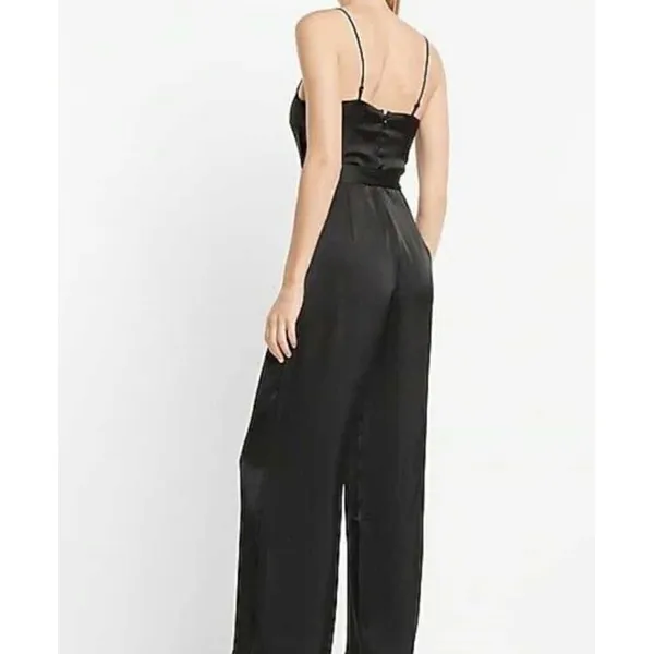 Express Black Satin Cowl Neck Wide Leg Tie‎ Waist Spaghetti Strap Jumpsuit - Image 4