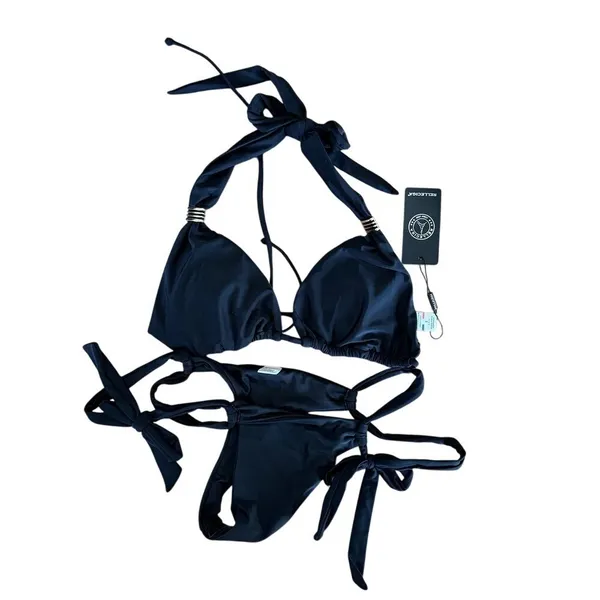 Relleciga Black Triangle Halter Bikini Set Gold Ring Hardware Side Tie Two Piece - Image 3