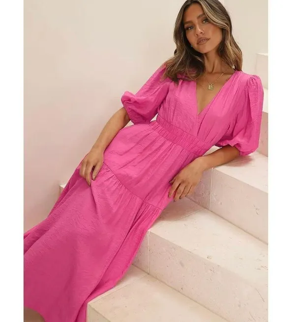 NEW Puff Sleeve V Neck A-line Flowy Tiered Midi Dress Barbie core L - Image 3