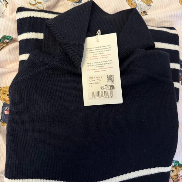 Sézane NEW Adrienne Striped Sweater Dress Navy Ecru Wool Small - Image 2