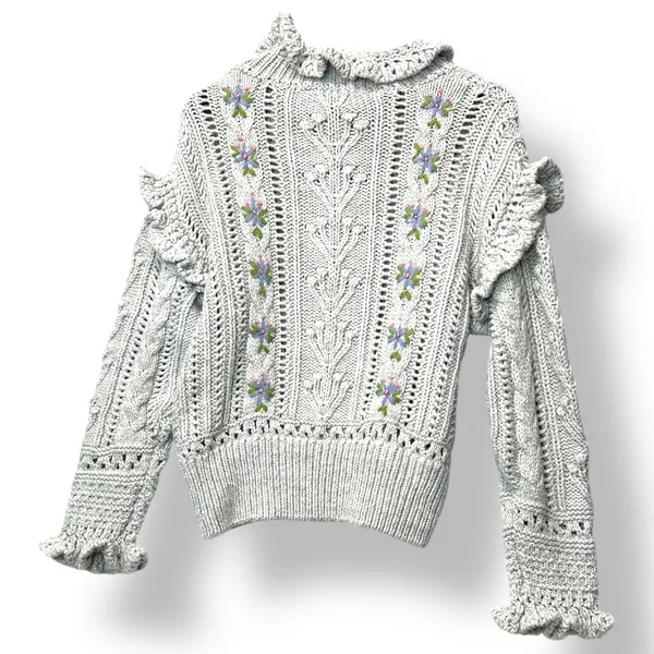 Zara Grey Knit Sweater Floral Embroidered Ruffle Collar S Twee Cottagecore Boho - Image 3