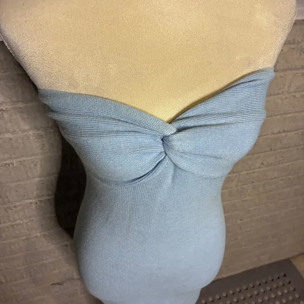 Lillusory Light Blue Strapless Ribbed Knit Twist Front Midi Dress LS048 Small - Image 5