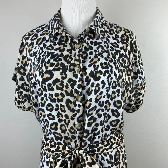 Style Envy Mini Dress XL‎ Leopard Animal Print Beige Black Belted Button - Image 2