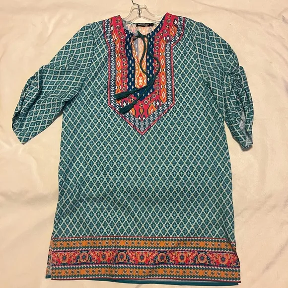 Urban Coco Boho Pullover Southwestern Tunic Top with Tassel Tie size L - Image 2