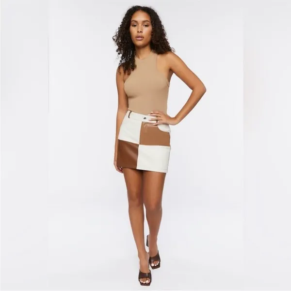 Forever 21 Faux Leather Patchwork on‎ Brown And Tan Mini Skirt L - Image 7