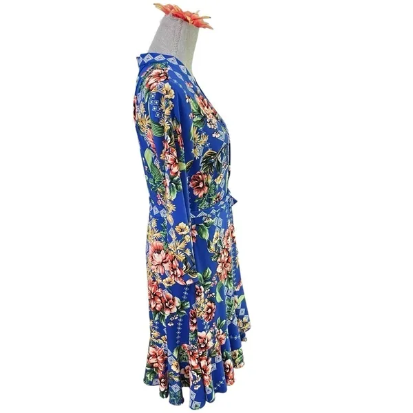 Eci New York Dress Womens Blue Midi Floral Wrap Floral Ladies size L - Image 3