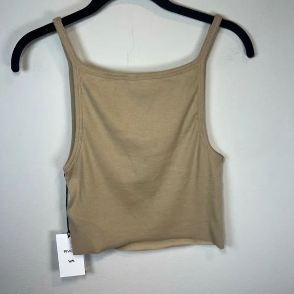 RVCA Haru Slide Tank Top Shirt Tan Ribbed Stretch Crop Summer Neutral NEW Large - Image 6