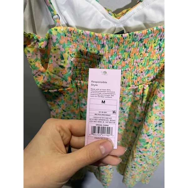 Wild Fable Womens Floral Mini‎ Dress Green Orange Pink Smocked Back M Cottage - Image 6